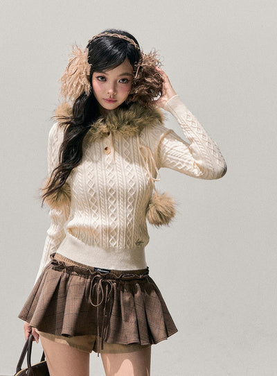 Fur Hooded Cable Knit Sweater DIA0768