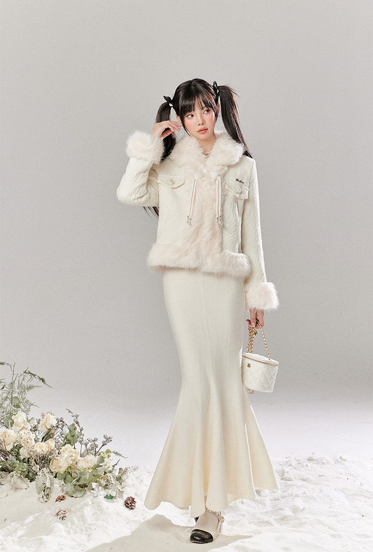 White Luxurious Style Cotton Jacket/Fishtail Skirt TBI0041