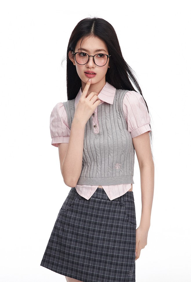 Fake Two-piece Puff Sleeve Striped Short-sleeved Shirt Cable Knit/Skirt Pants NTO0091