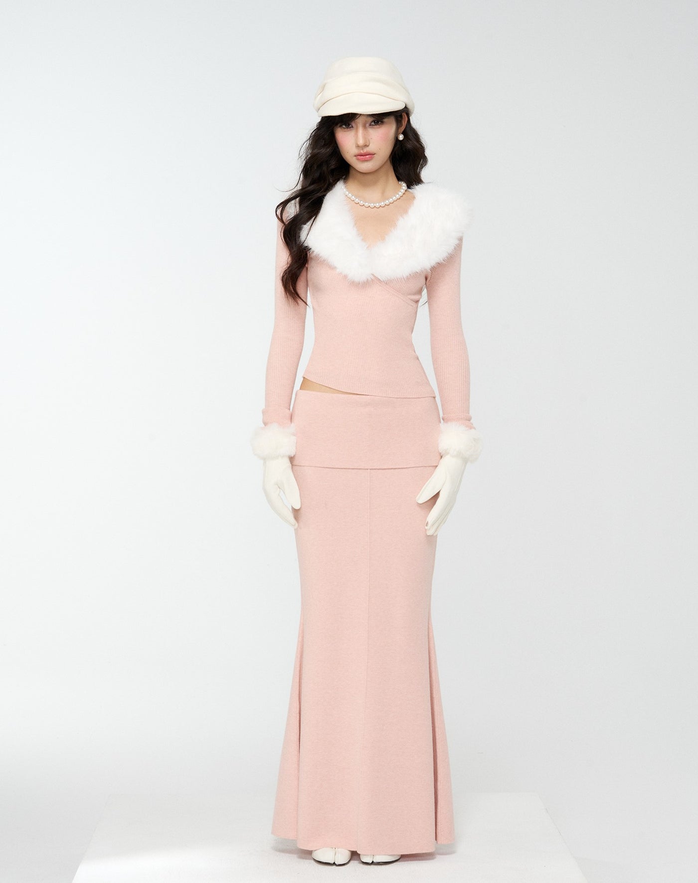 Detachable Fur Collar Sweater/Fishtail Skirt 4MU0171