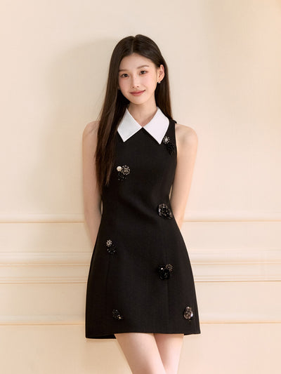 Black Sleeveless Beaded Flower Dress OSH0121