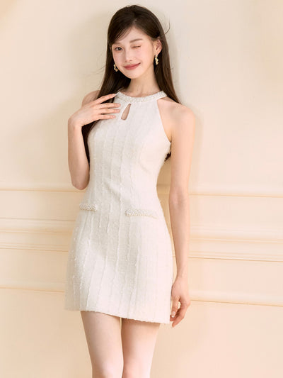 White Halter Neck Beaded Dress OSH0134