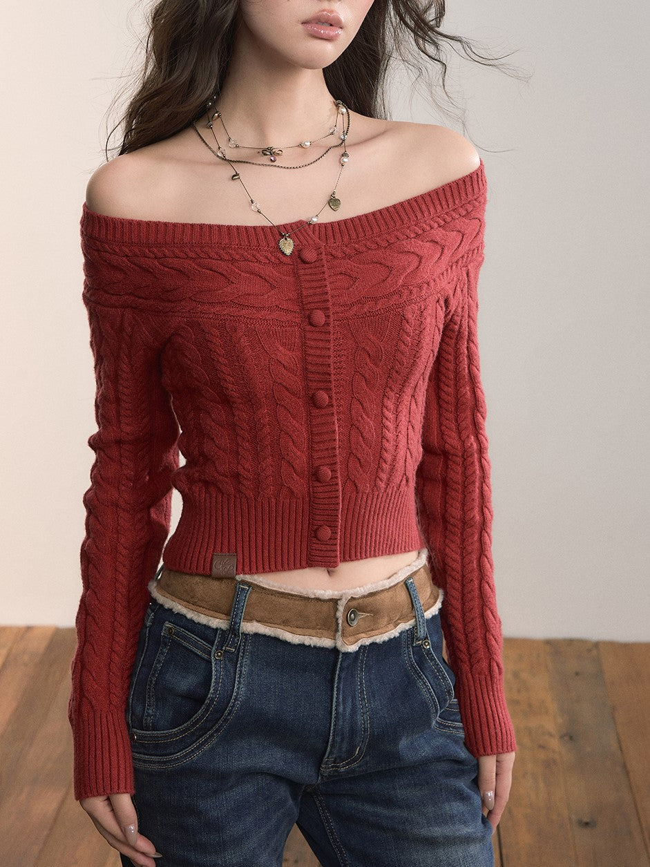 Off-shoulder Round Neck Short Cable Sweater VIA0372