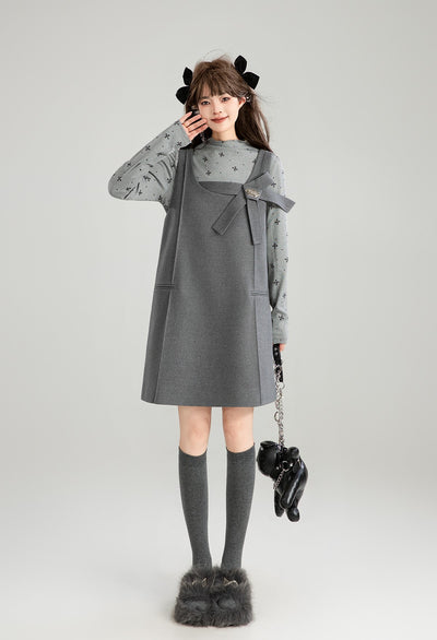 Gray Bow Tie Flower Suspender Dress/Bow Tie Design Top KEI0185