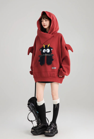 Cartoon Embroidered Lazy Style Loose Hoodie/Black Skirt KEI0179