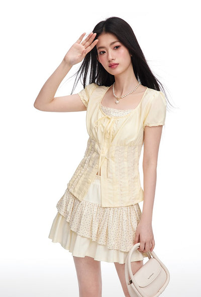 Light Yellow Puff Sleeve Pleated Fake Two-piece Shirt/Cake Skirt NTO0088