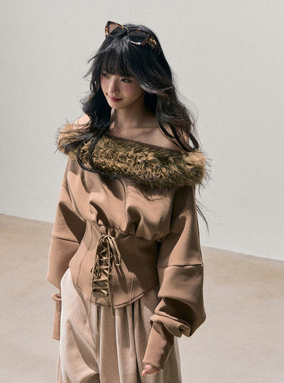 Fur Off-Shoulder Lace-up Waist T-Shirt DIA0744