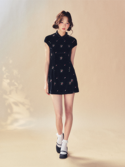 Black Embroidered Velvet Dress SUN0054