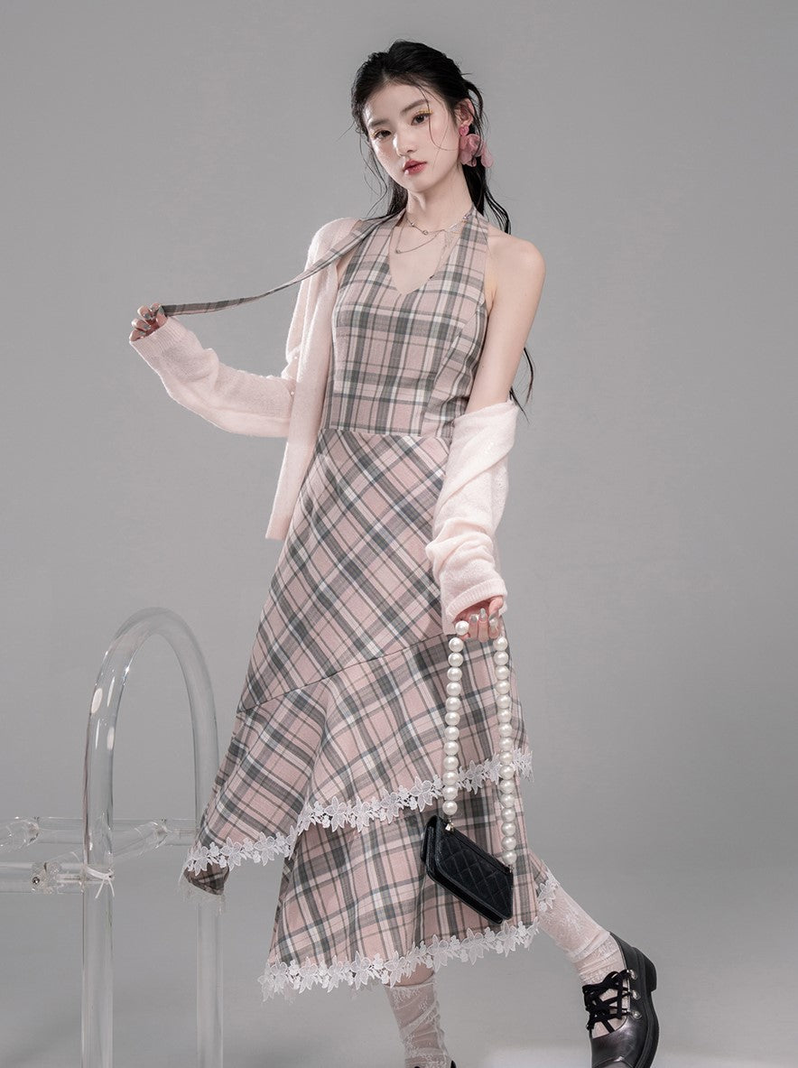 Cherry Pink Plaid Halter Neck Dress COT0341