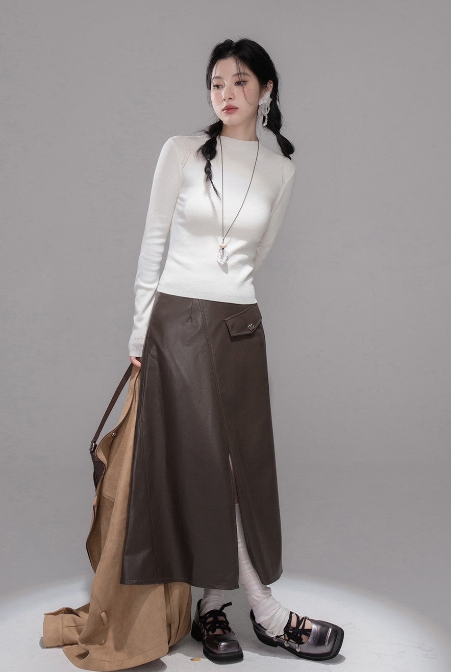 Dark Brown Split Leather Skirt COT0356