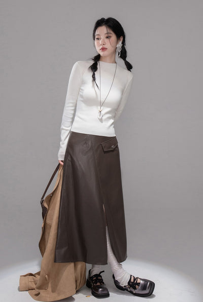Dark Brown Split Leather Skirt COT0356