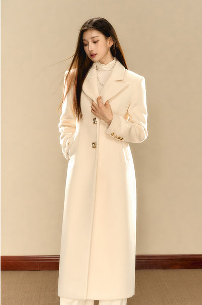 Milky White Simple Waist Long Wool Coat OSH0089