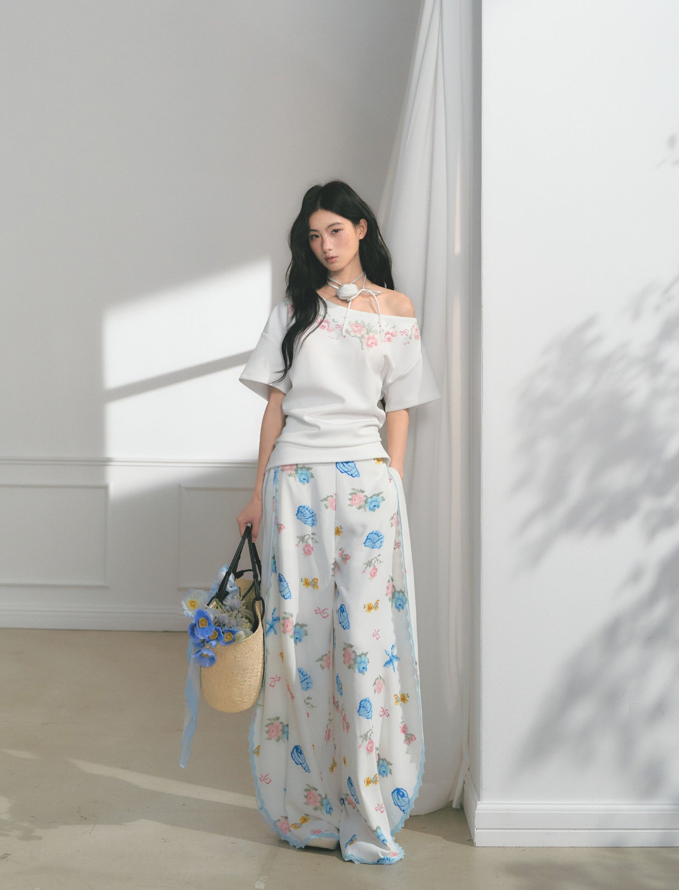 Floral Print Edge Lace Wide-Leg Pants SAL0176