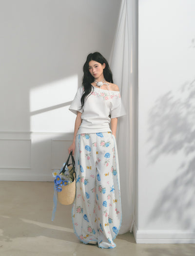 Floral Print Edge Lace Wide-Leg Pants SAL0176