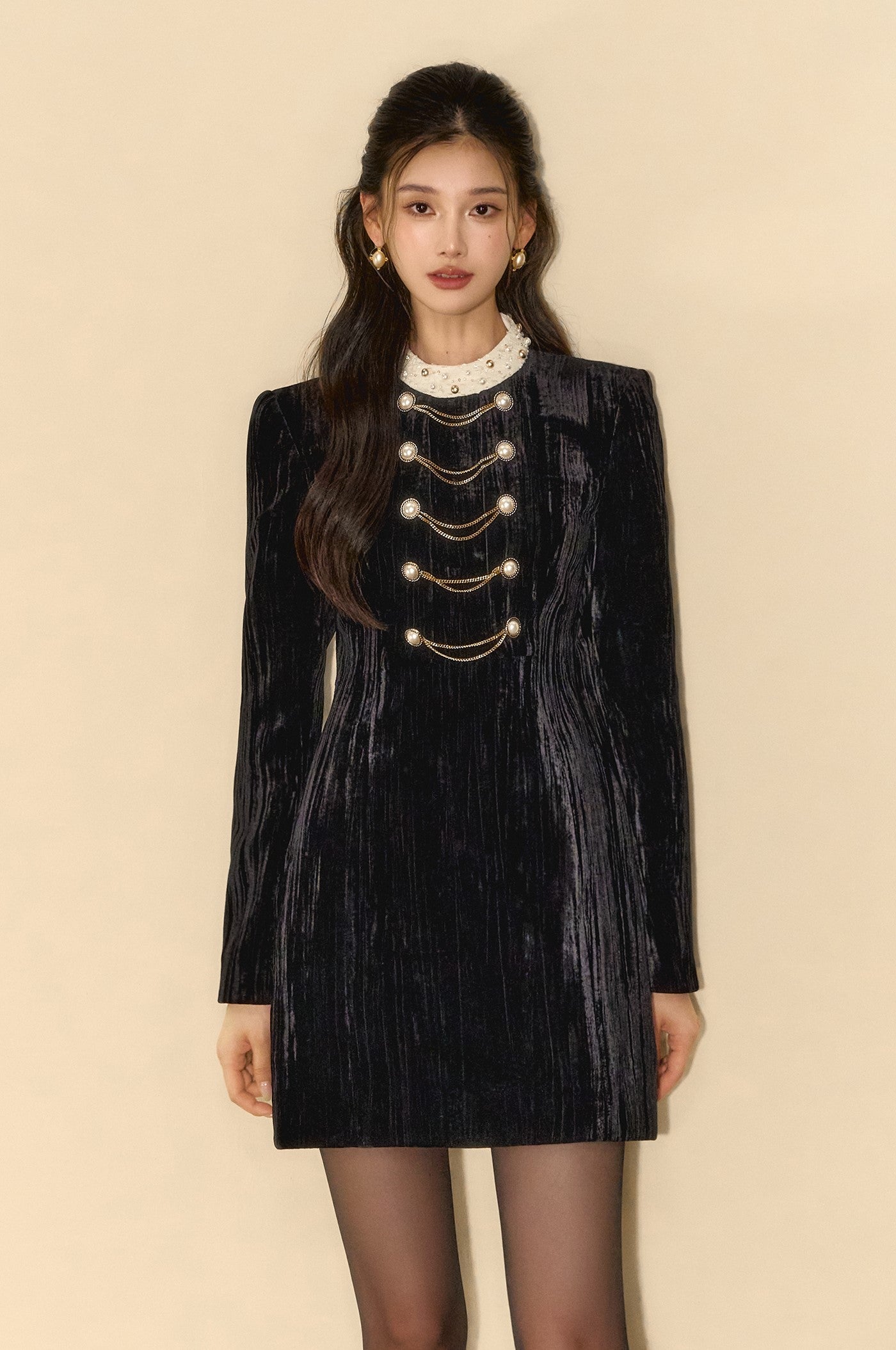 Black Contrast Velvet Exquisite High-end Dress OSH0090