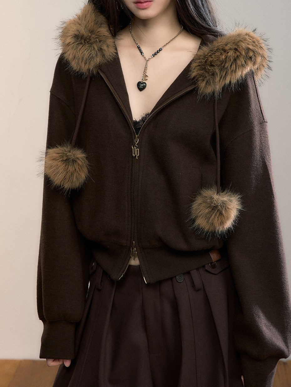 Fleece Pompon Fur Collar Sweatshirt Jacket VIA0355