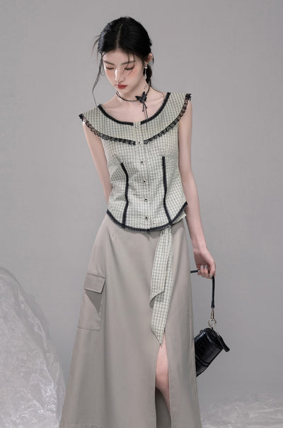 Blue Grey Slit Long Skirt COT0327