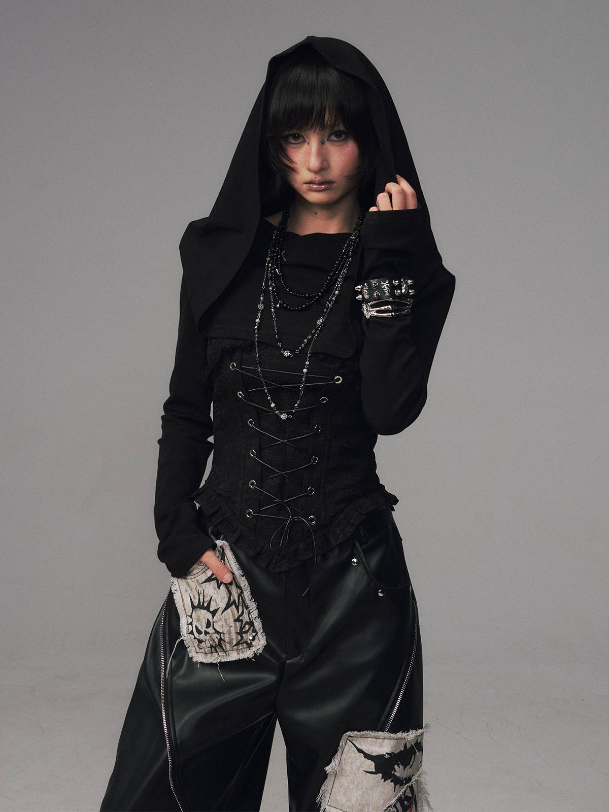 Dark Collar Hooded Patchwork Jacquard Top FRU0121