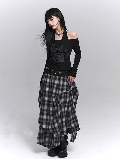 Irregular Plaid Midi Skirt LAD0224