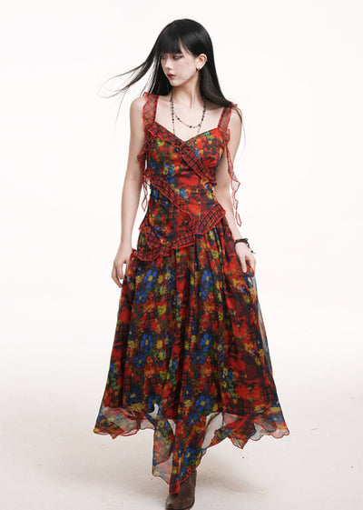 Red Floral Suspender Dress LAD0168