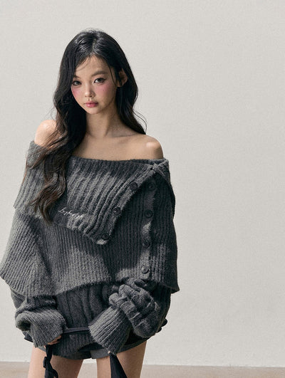 Gray Off-Shoulder Loose Sweater DIA0723