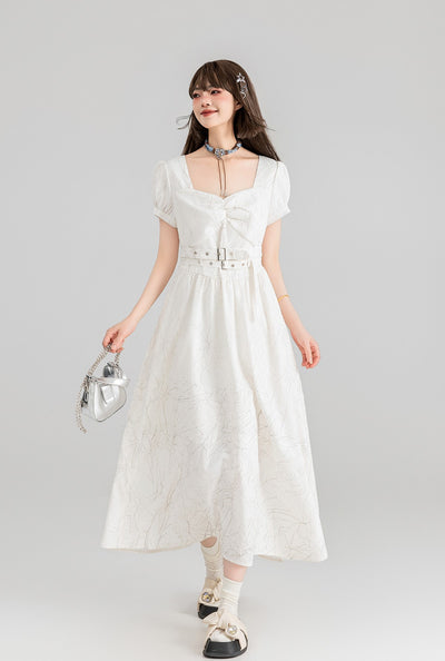 French Belt White Jacquard Square Collar Long Dress KEI0100