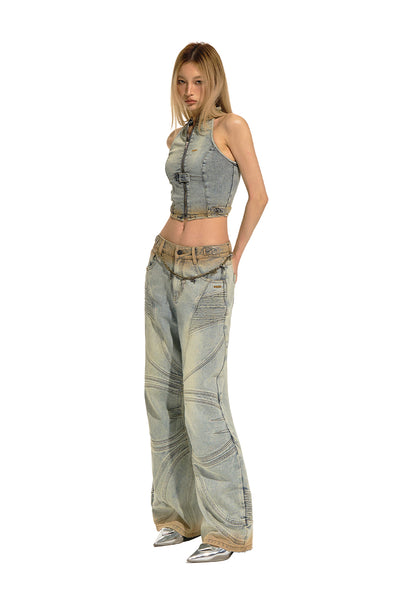 Royal Blue Loose Wide Leg Split Line Low Rise Washed Jeans NOT0218