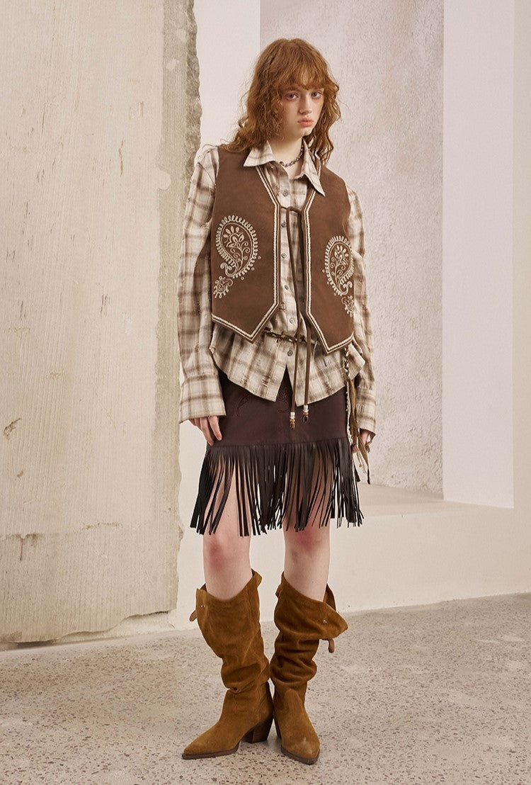 Flower Embroidered Tassel Leather Skirt DID0239