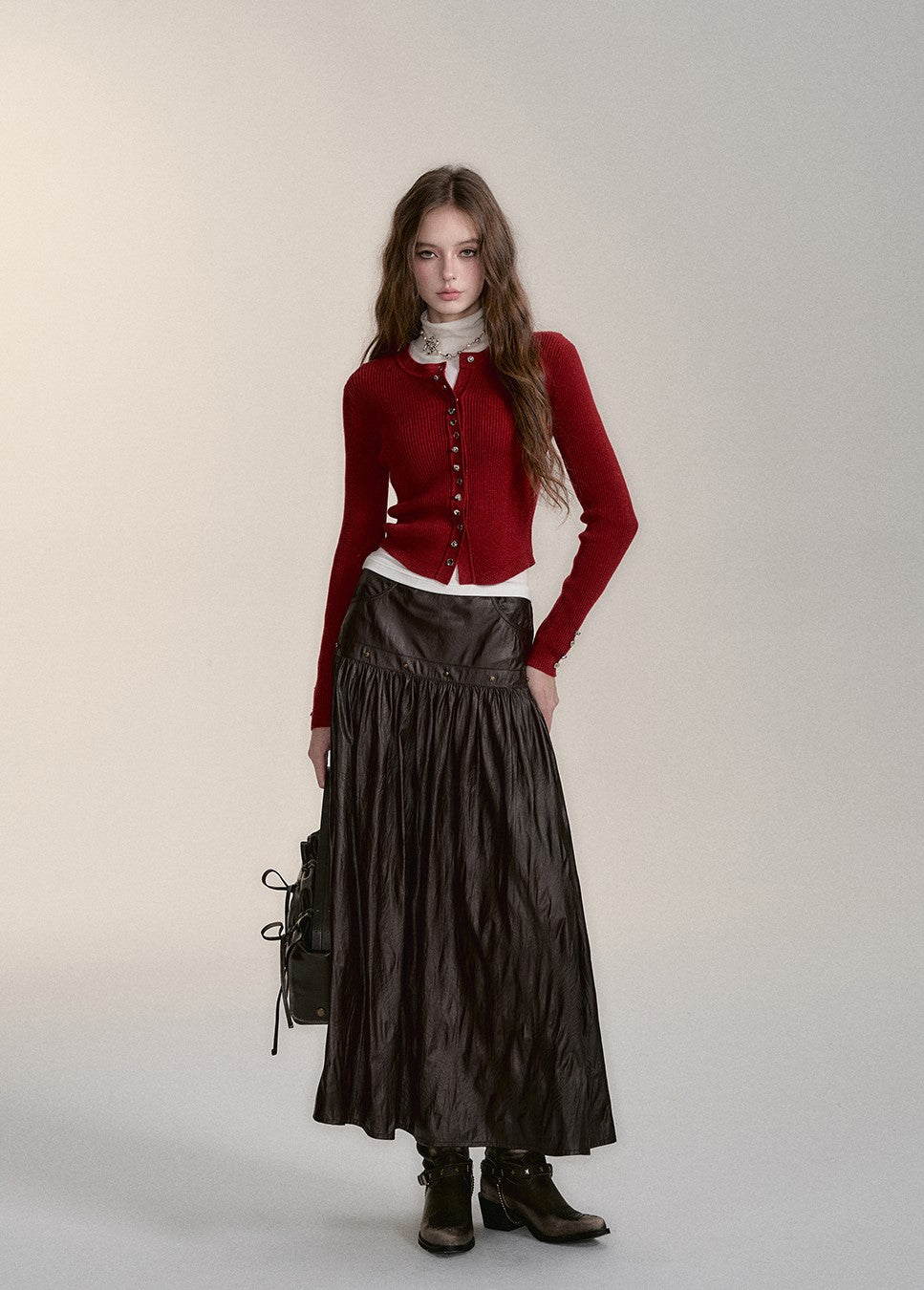 Mid-length Design Imitation Pleated Leather Skirt VIA0177