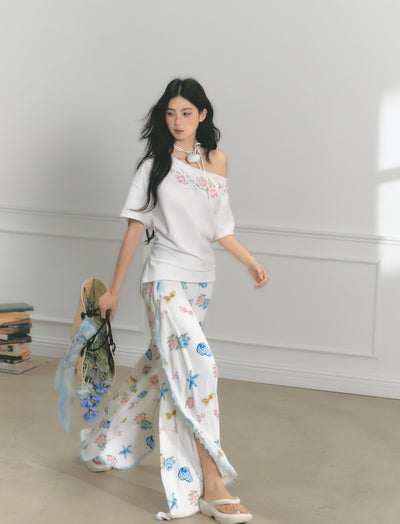 Floral Print Edge Lace Wide-Leg Pants SAL0176