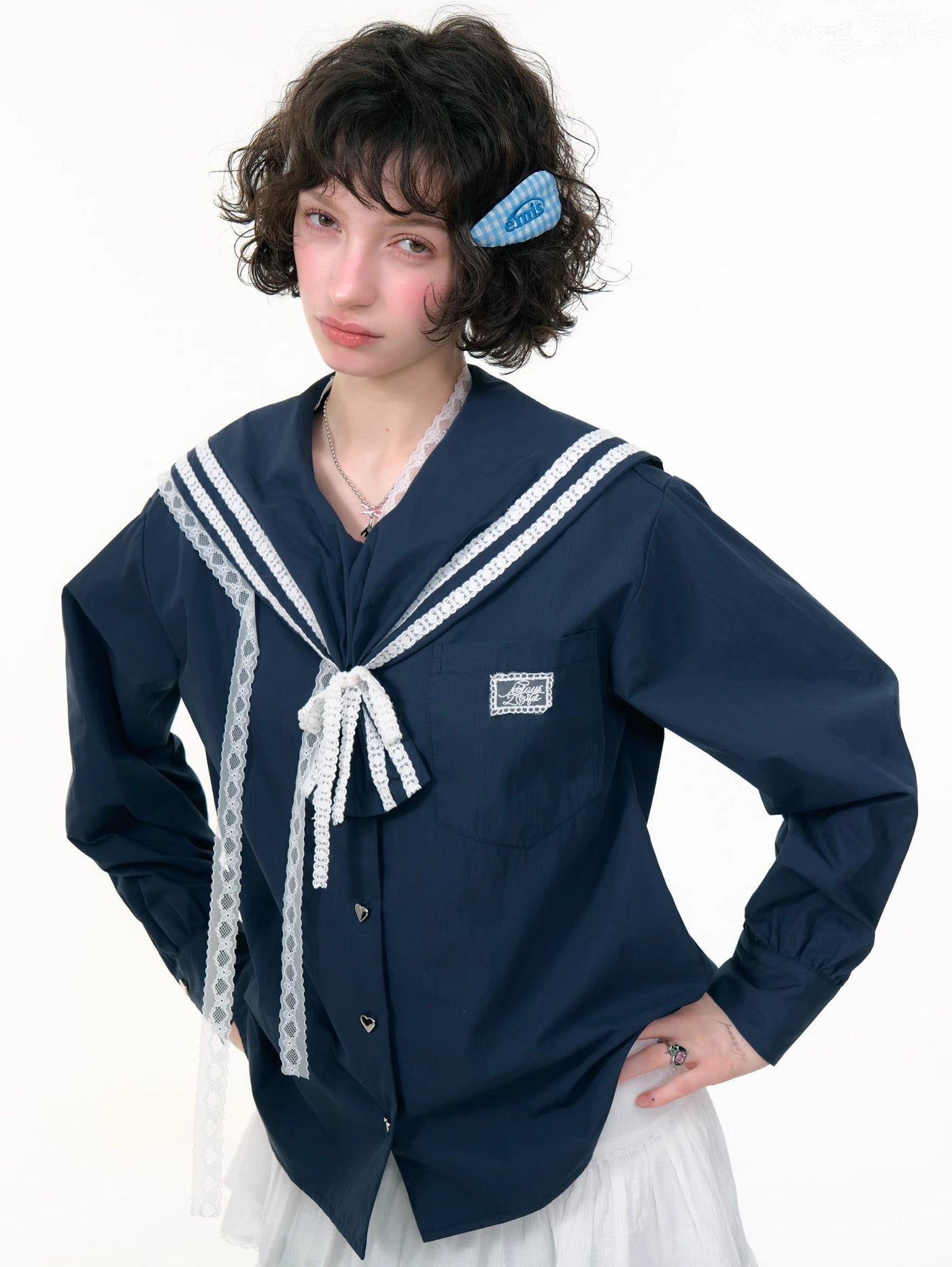 Navy Collar Lace Long-sleeved Shirt ZIZ0299
