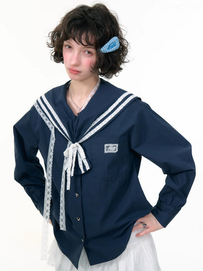 Navy Collar Lace Long-sleeved Shirt ZIZ0299