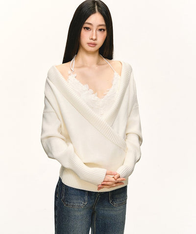 White V-neck Sweater/Lace Camisole ANA0091