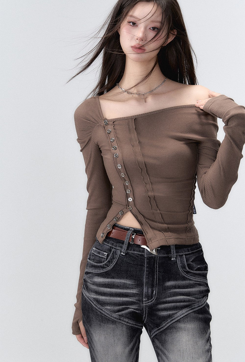 Buttoned Shoulder Splicing Long-sleeved T-shirt VIA0052