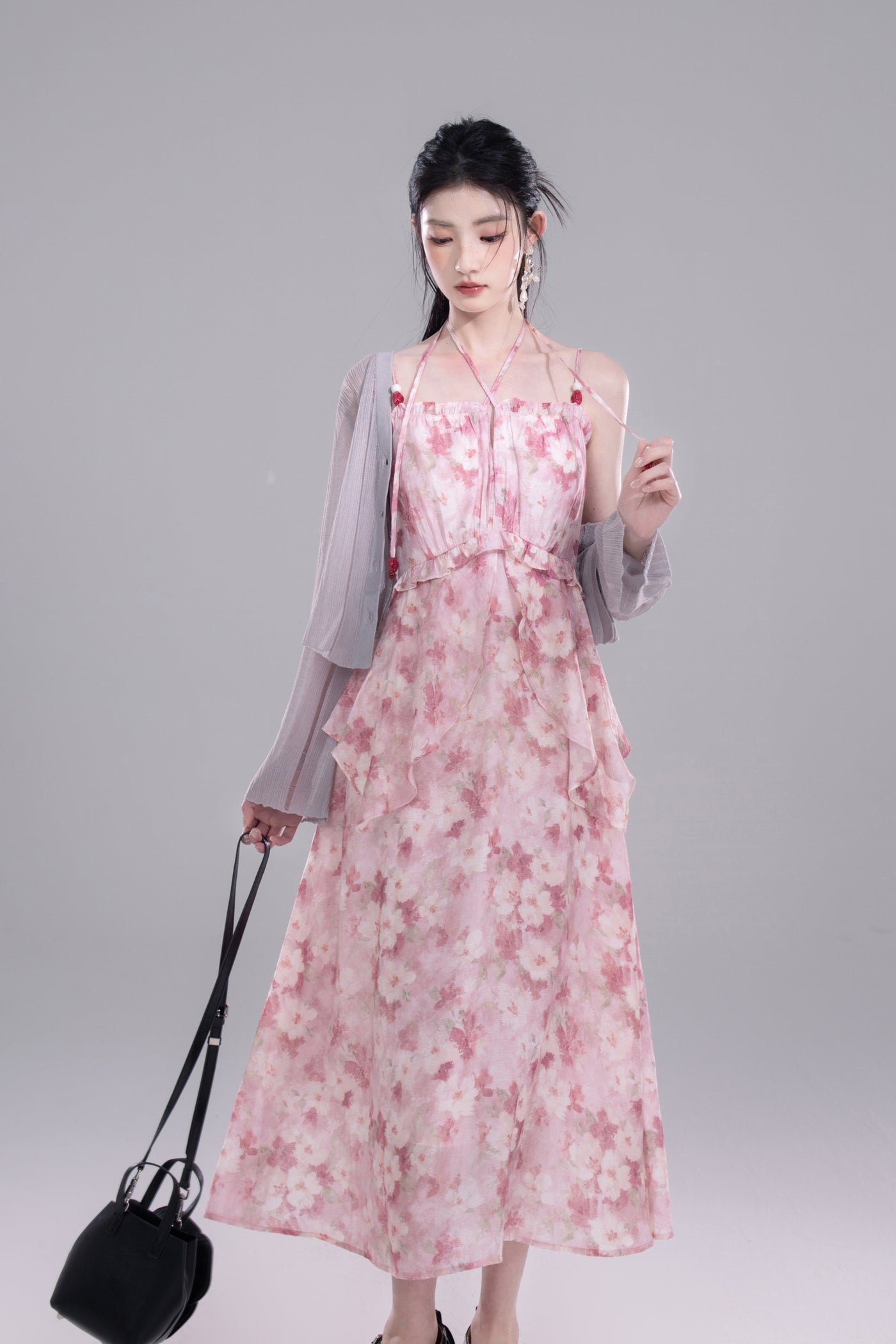 Beaded Floral Print Suspender Dress COT0273