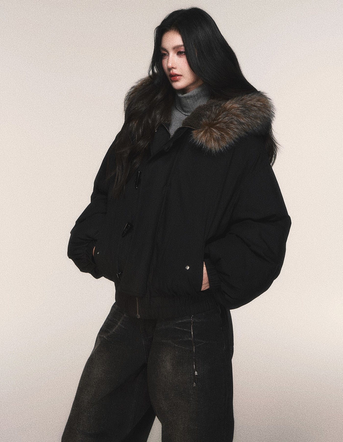 Black Hooded Large Fur Collar Down Jacket LUL0213