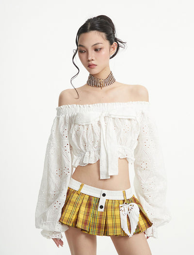 Puff Sleeve One Shoulder Bow Short Shirt UNC0258
