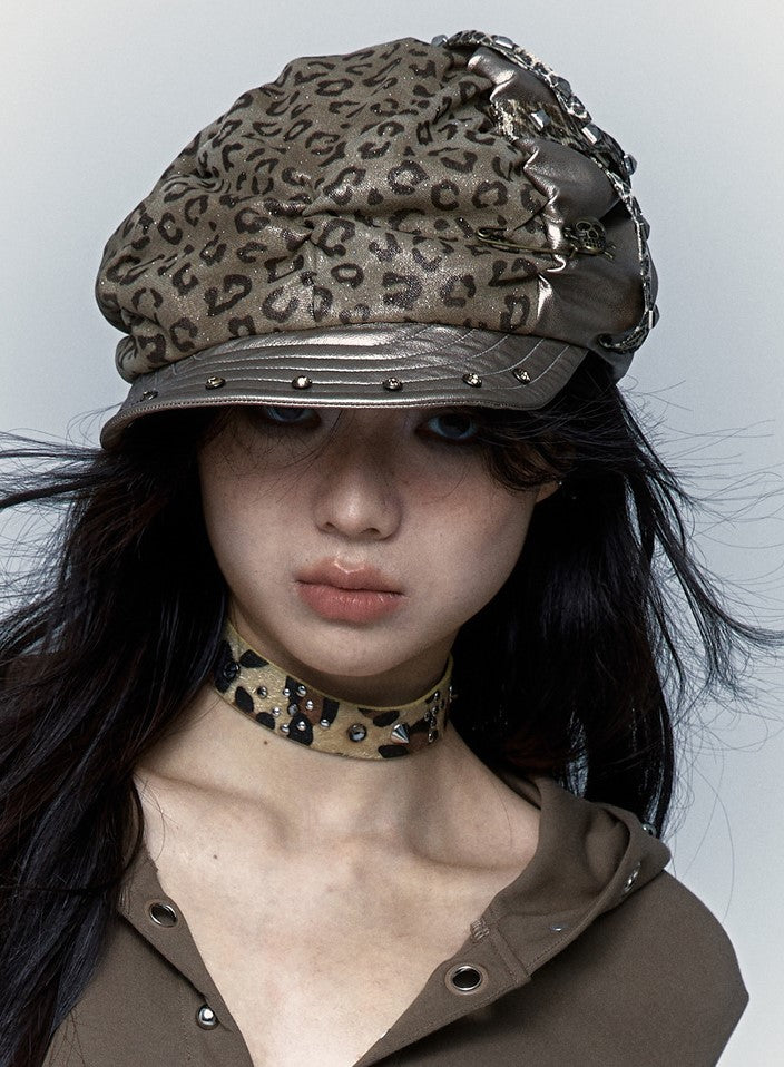 Punk Leopard Print Stitching Rivet Beret NOR0073