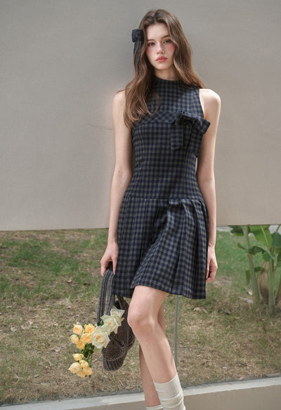 Bow Halter Neck Plaid Pleated Dress GRO0175