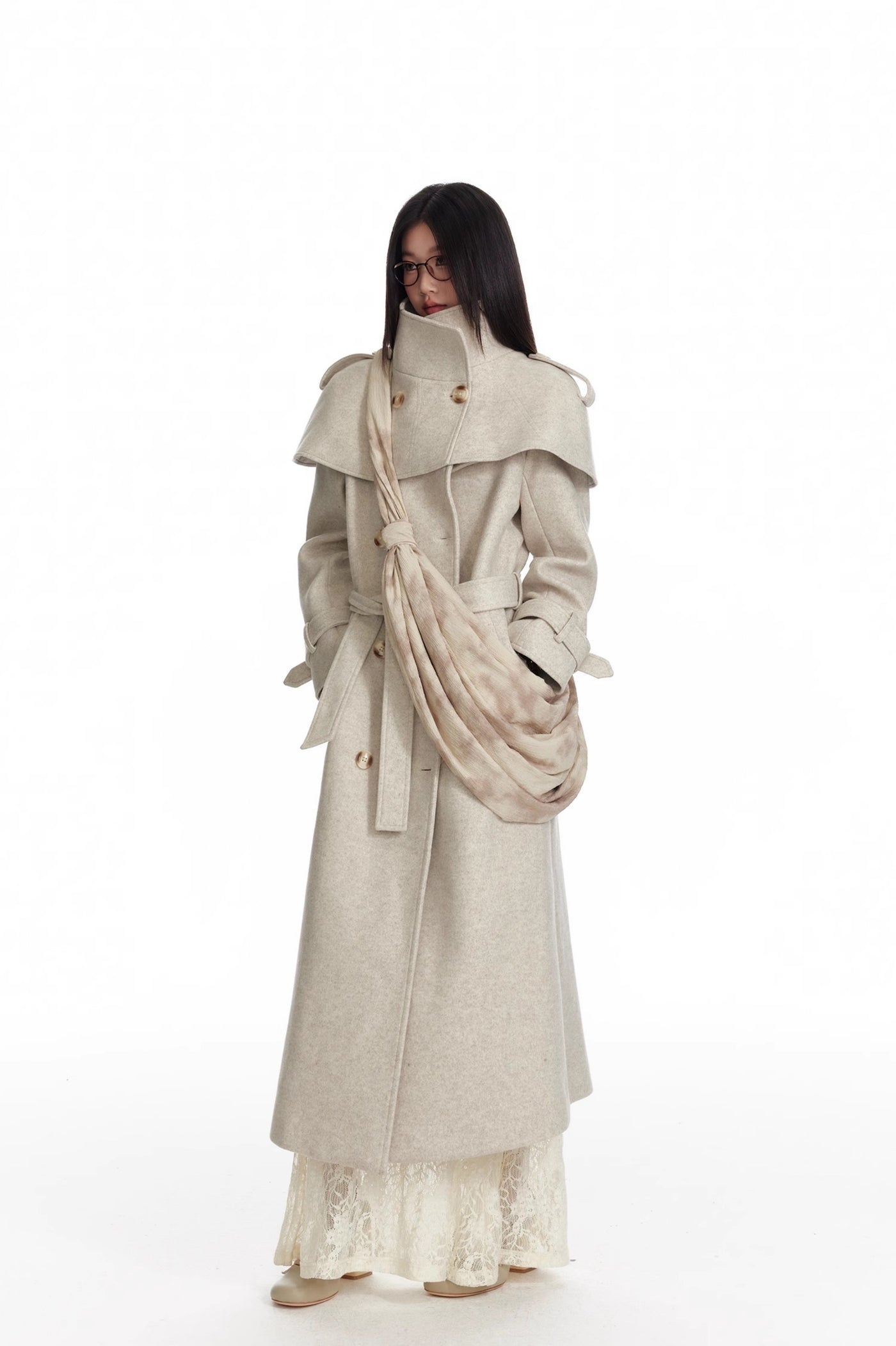 Oatmeal Color Detachable Shawl Cape/Woolen Long Coat 4MU0076