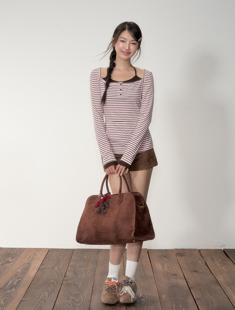 Fake two-piece Striped Hooded T-shirt SOO0024