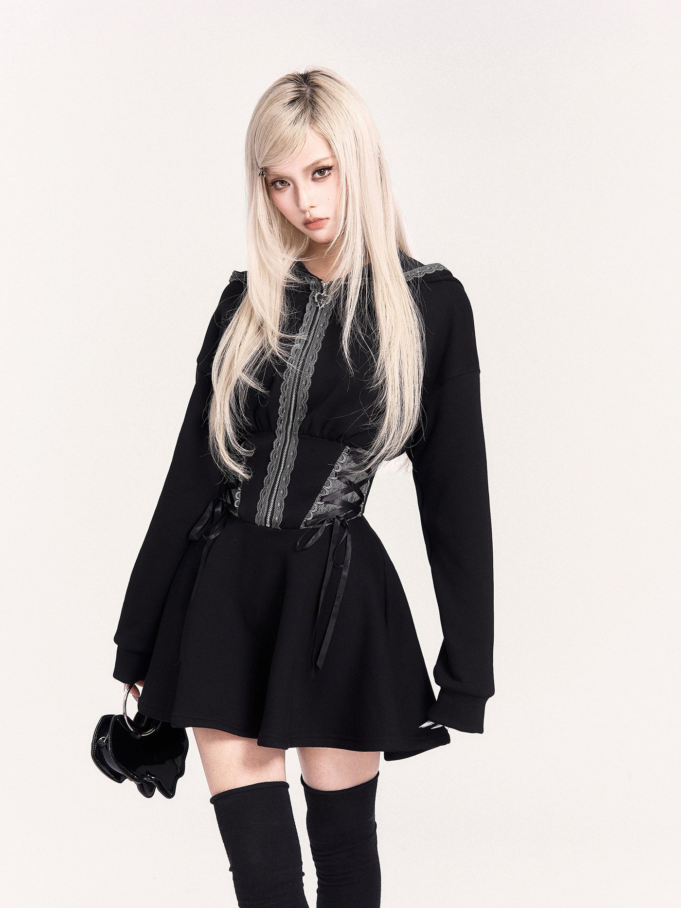 Lace-up Hooded Sweatshirt Dress VOC0469