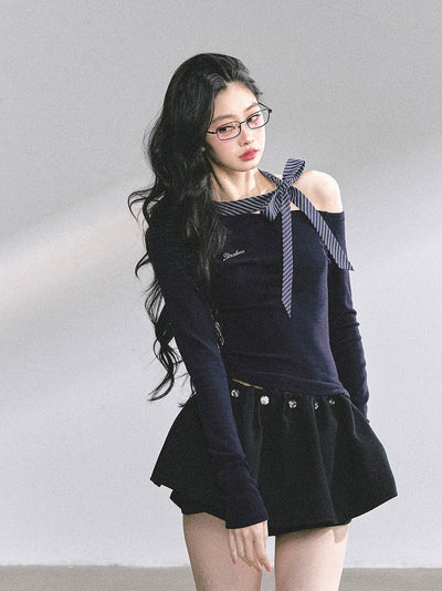 Off Shoulder Striped Bow T-shirt DIA0566