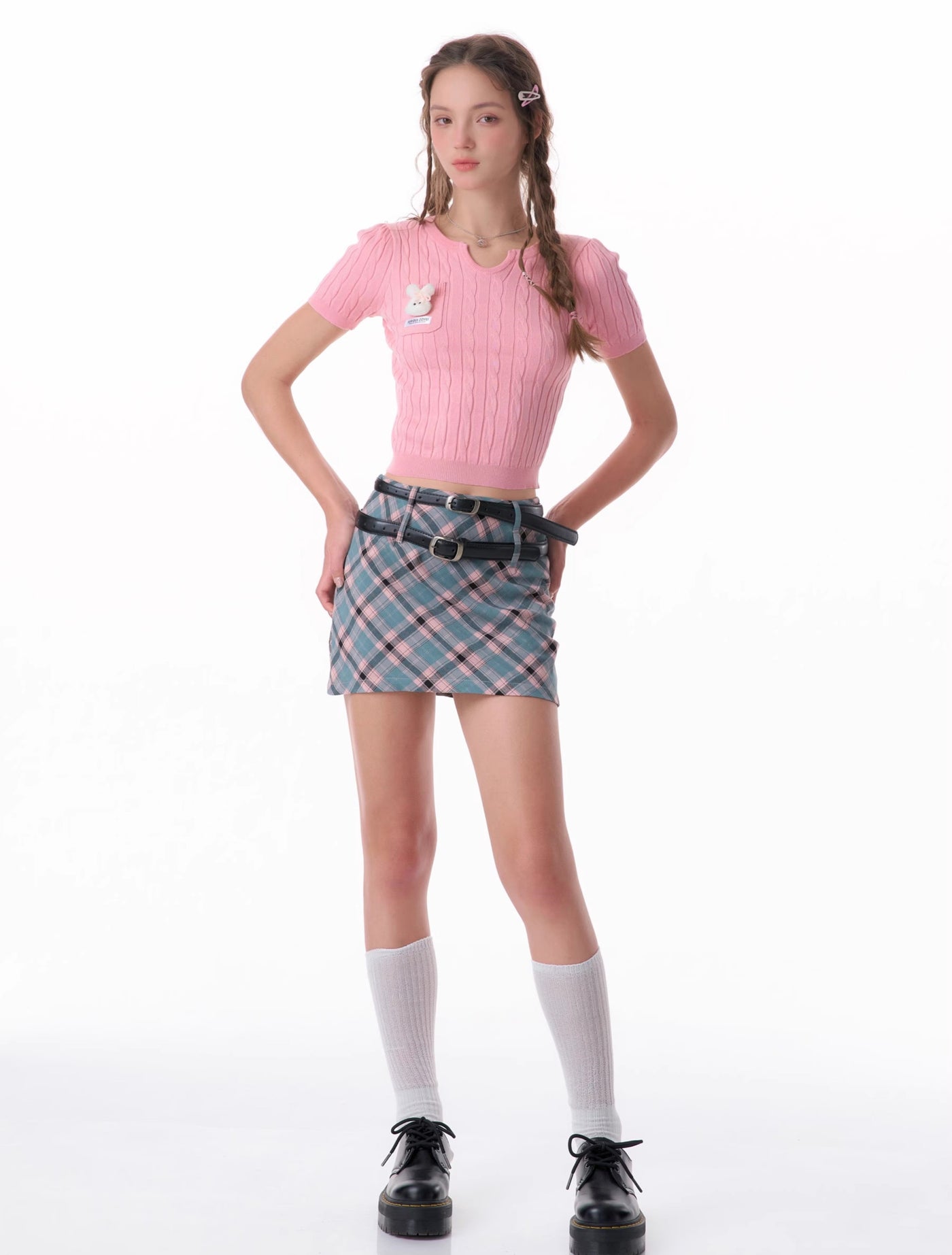 American Retro High Waist Slim Pink Blue A-line Plaid Short Skirt ZIZ0130