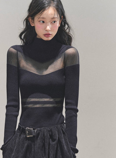 See-through High Neck Slim Sweater DIA0700