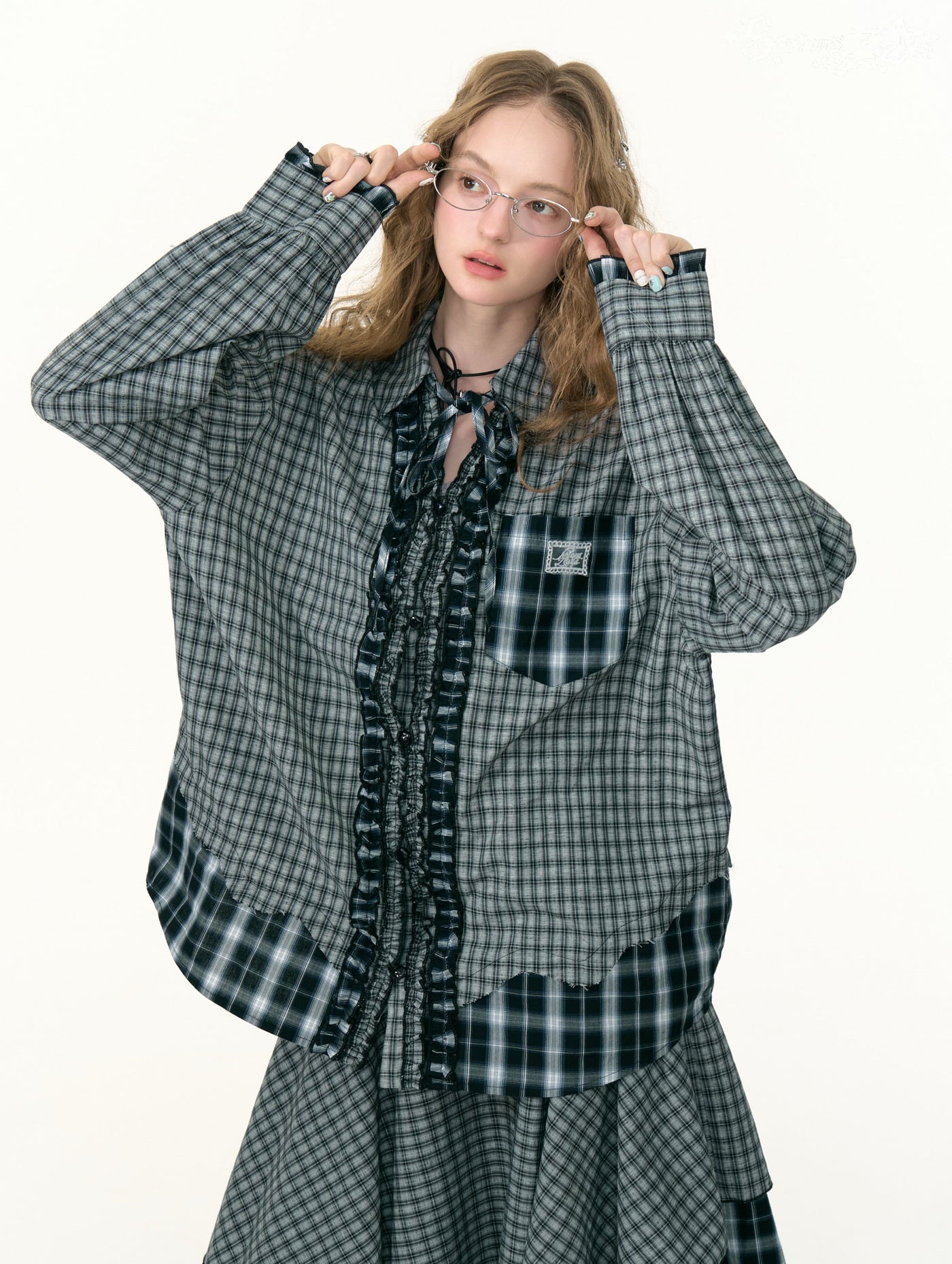 Retro Plaid Stitching Long-sleeved Shirt ZIZ0307