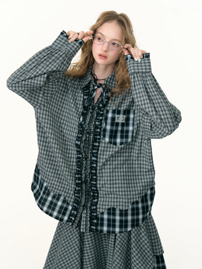 Retro Plaid Stitching Long-sleeved Shirt ZIZ0307