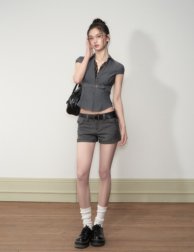 Lace Waistband High-end V-neck Shirt SOO0010