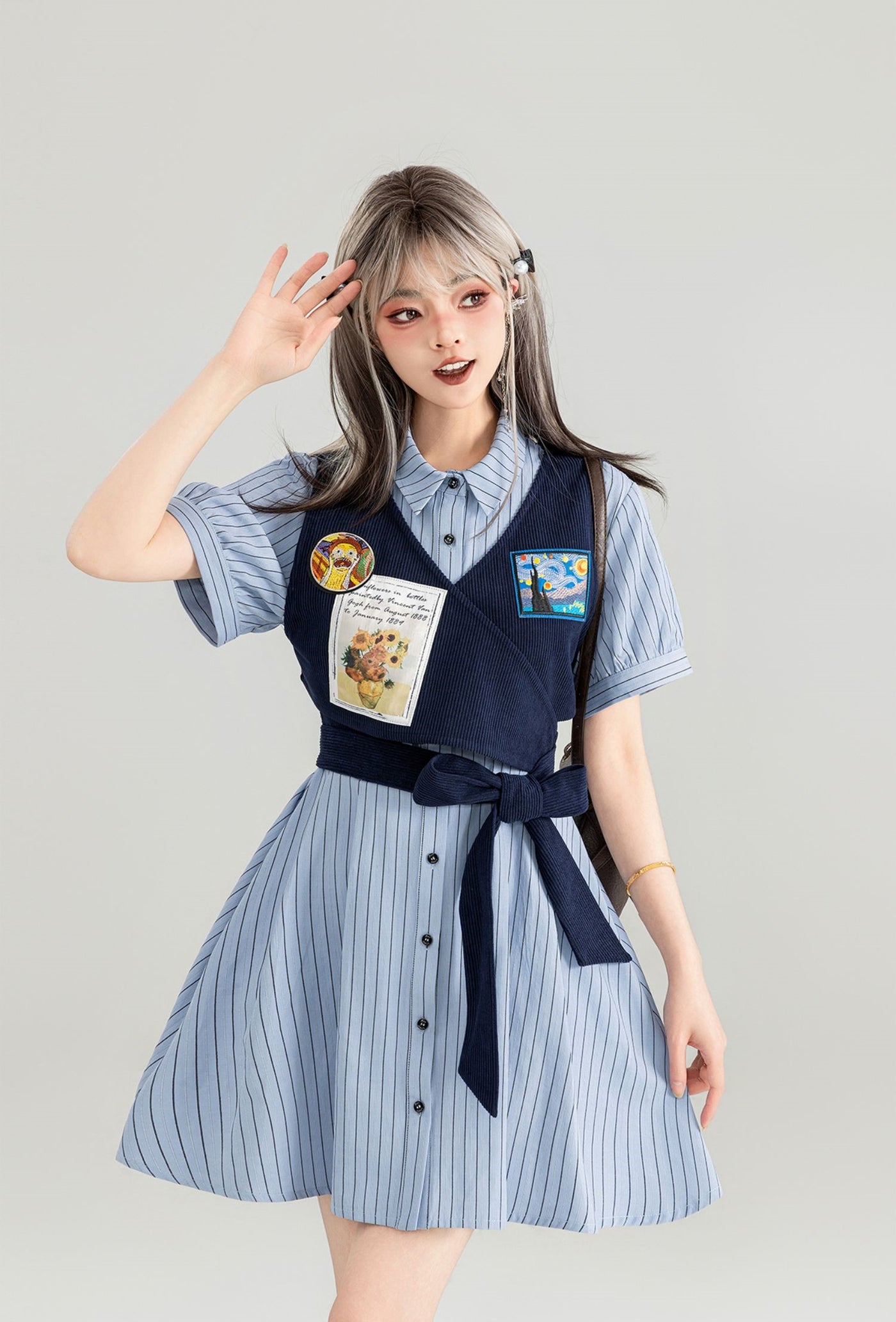 American College Fake Two-piece Striped Shirt Dress KEI0045