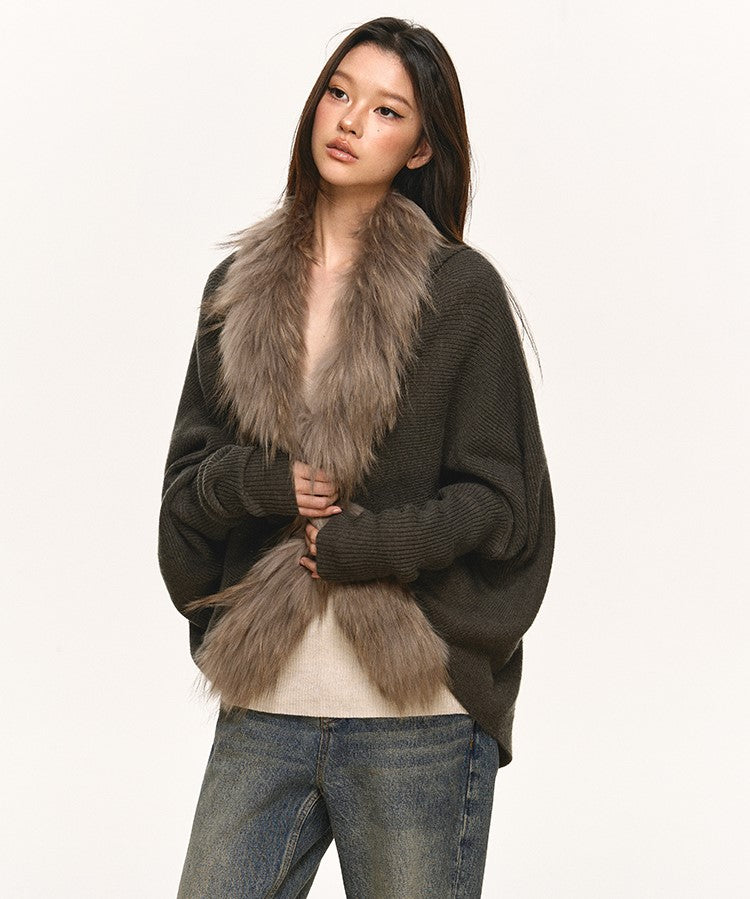 Fur Collar Patchwork Knitted Cardigan ANA0109